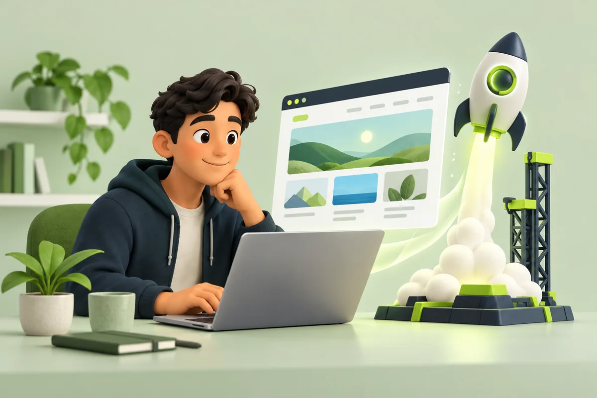 Illustration of an emerging developer building a website as a small rocket launches beside the laptop.