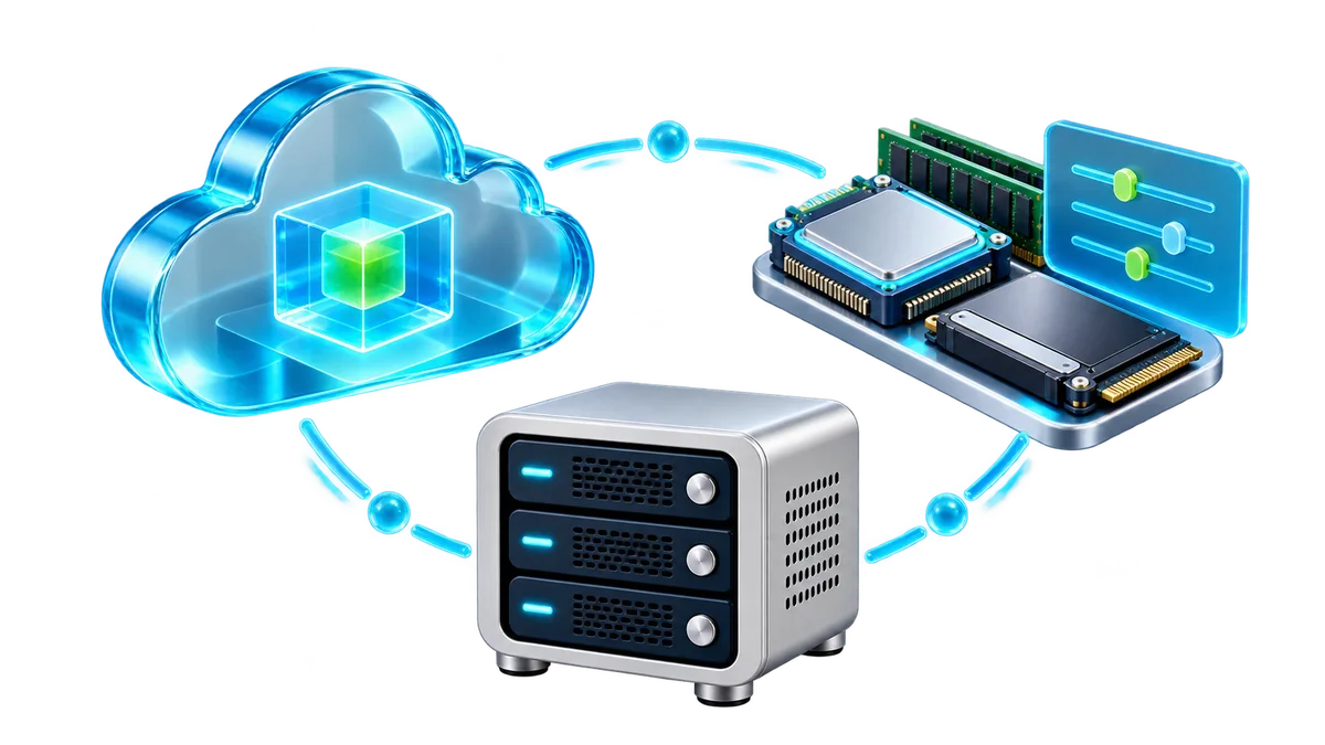 Cloud resources, a physical server and configurable hardware arranged as alternative infrastructure models.