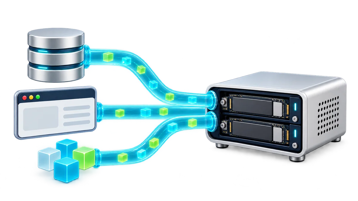 Database, application and workload symbols connected to a compact physical NVMe server.