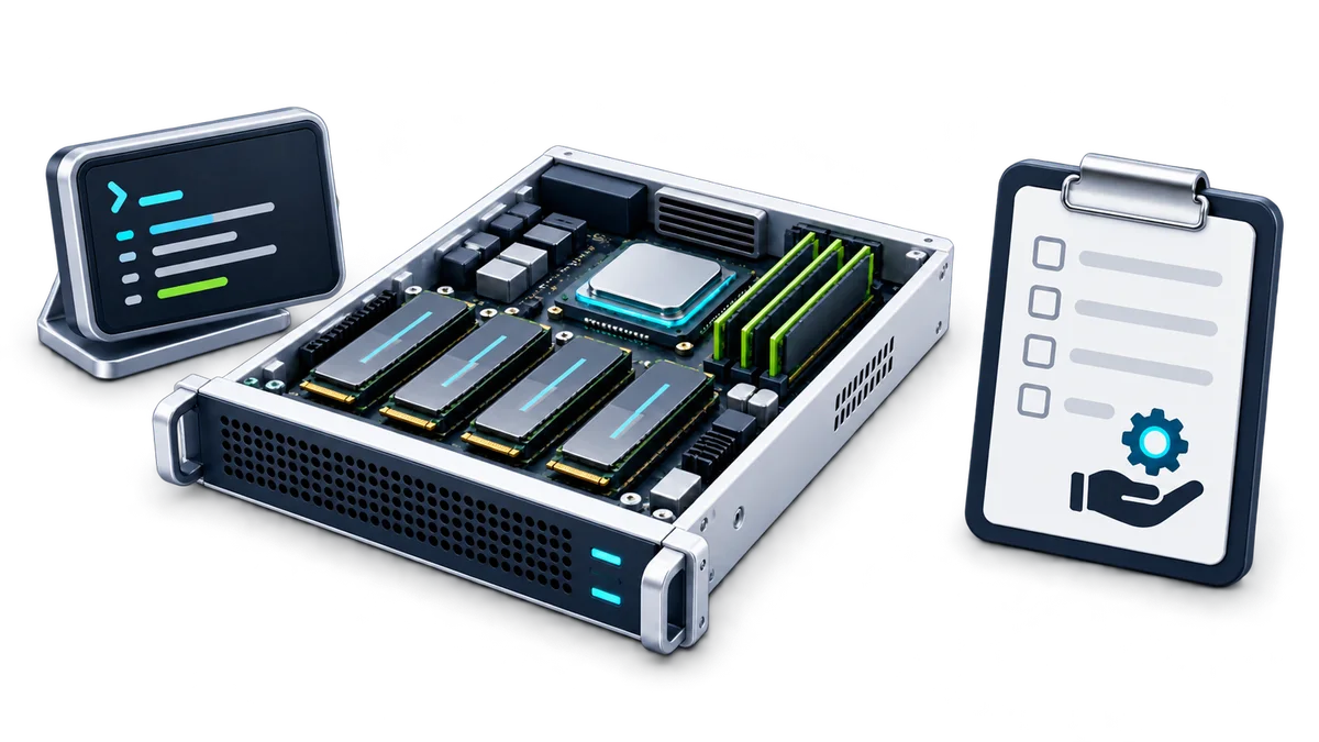 Physical server components and an administration terminal beside a manual provisioning checklist.