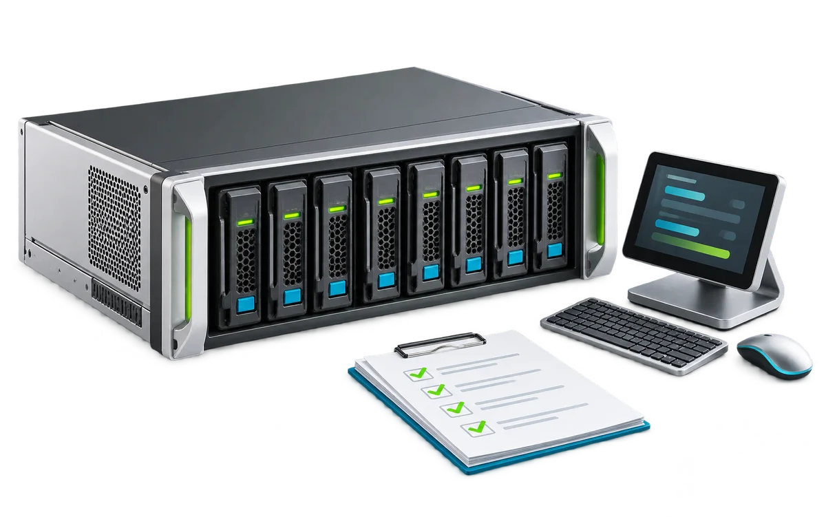 A storage enclosure with an administration terminal and a handover checklist.