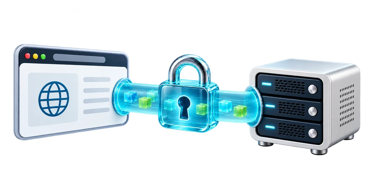 A browser and server joined by a glass encrypted connection with a padlock.