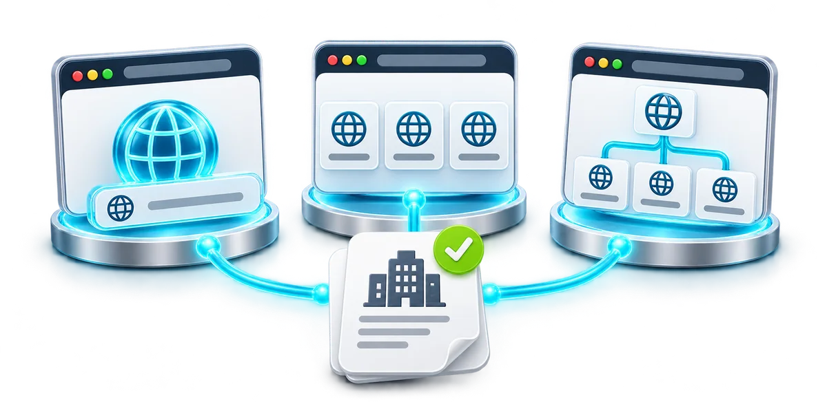 Single-domain, multiple-domain and first-level wildcard coverage shown beside an organization identity document.