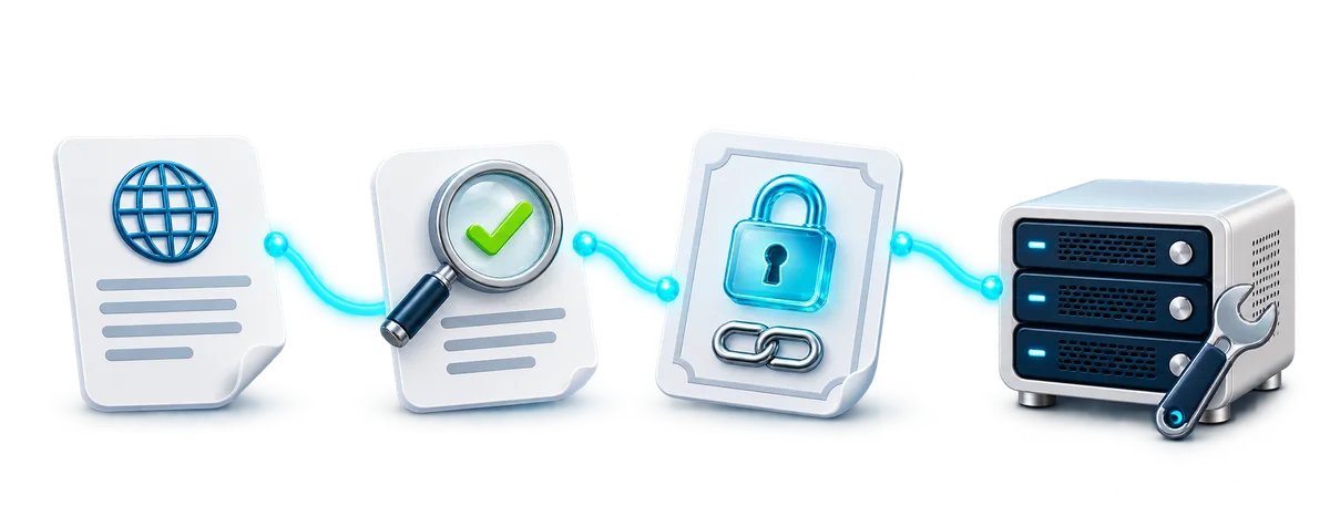 Four connected certificate-workflow stations: a request, validation, an issued certificate and a server with installation tools.