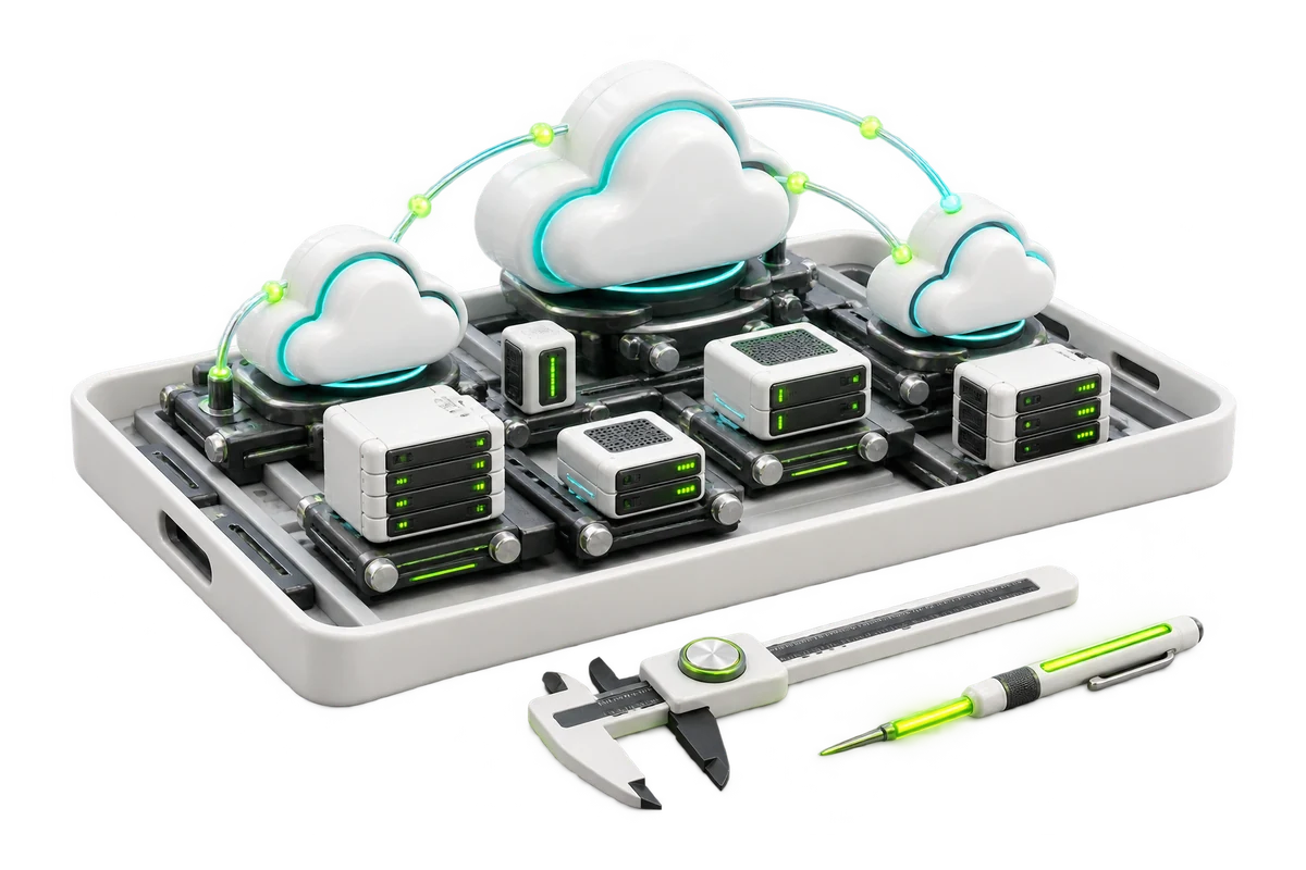 SDH illustration of infrastructure specialists and cloud services.