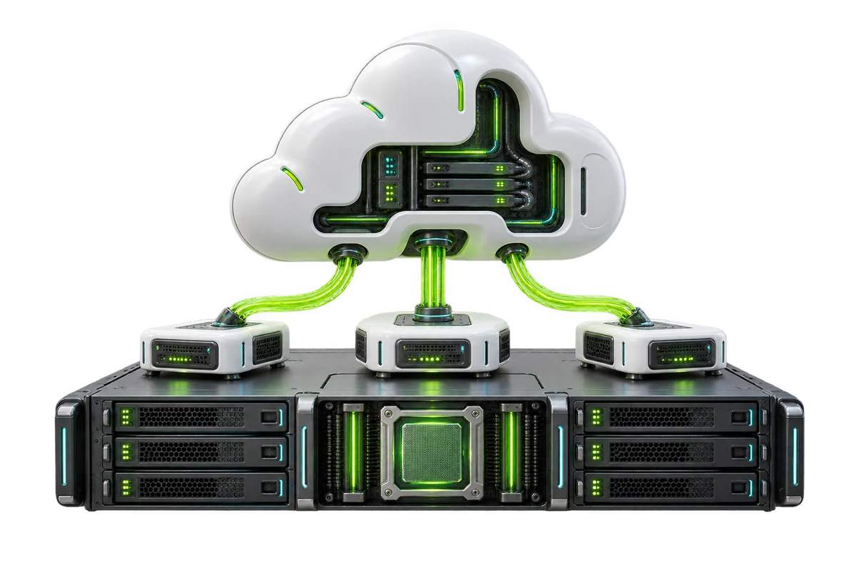 SDH illustration of connected cloud infrastructure and server resources.