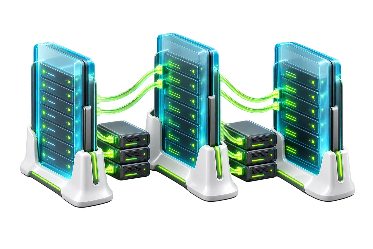 SDH illustration of connected cloud platforms and server infrastructure.