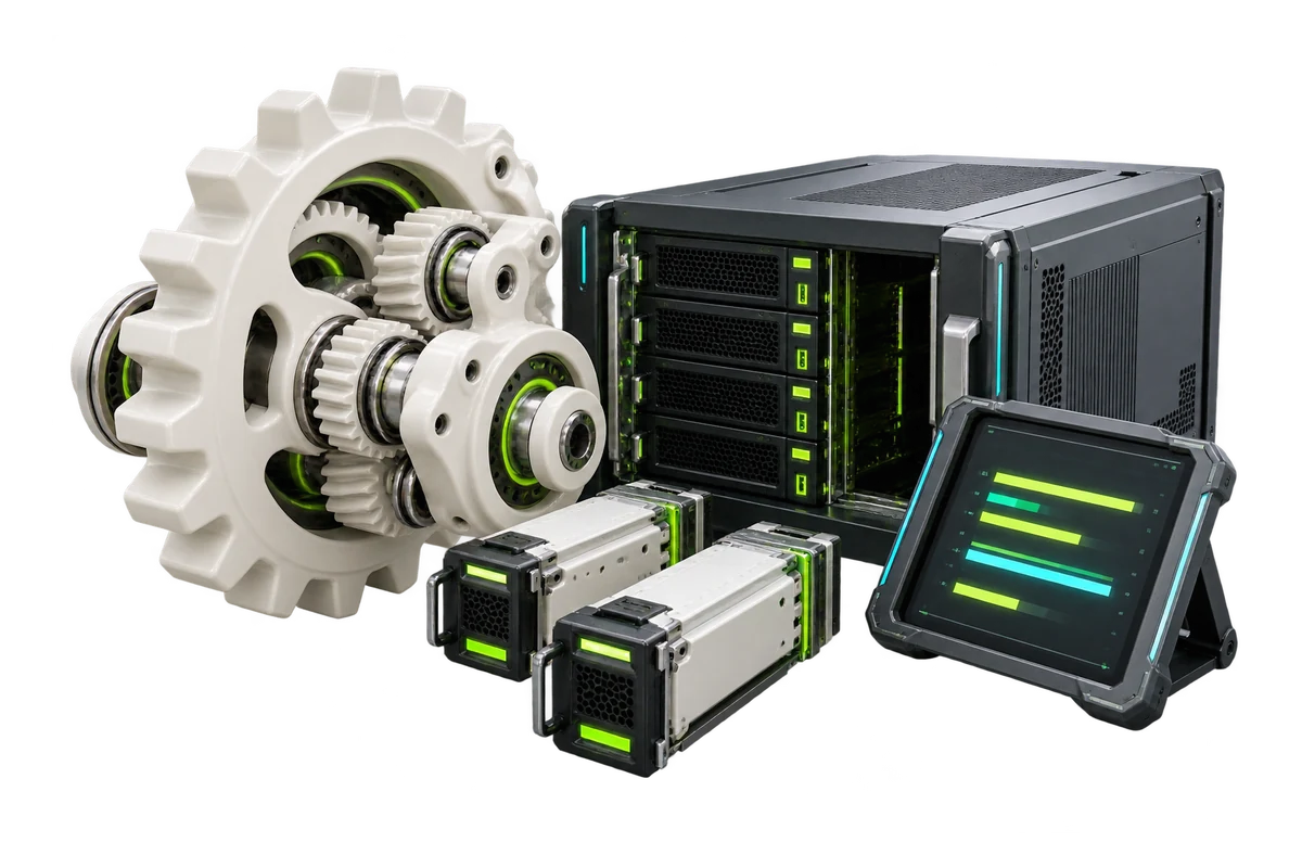 Illustration of hosting dashboards and server equipment.