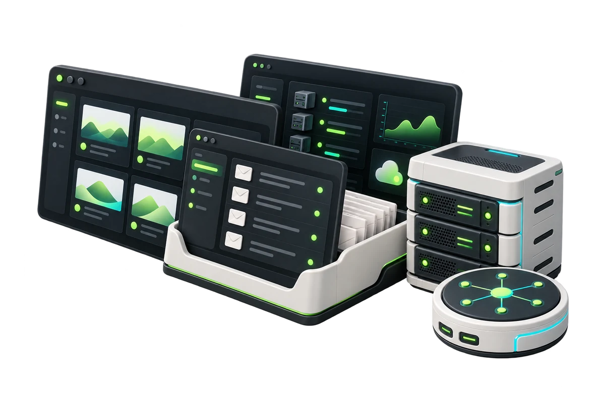 Illustration of hosting dashboards and server equipment.
