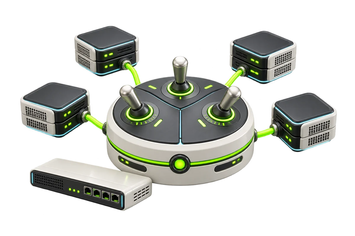 Illustration of hosting dashboards and server equipment.
