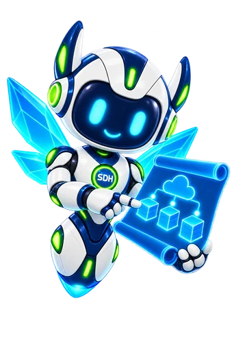 Prism Wings Dot reviewing a cloud architecture blueprint.