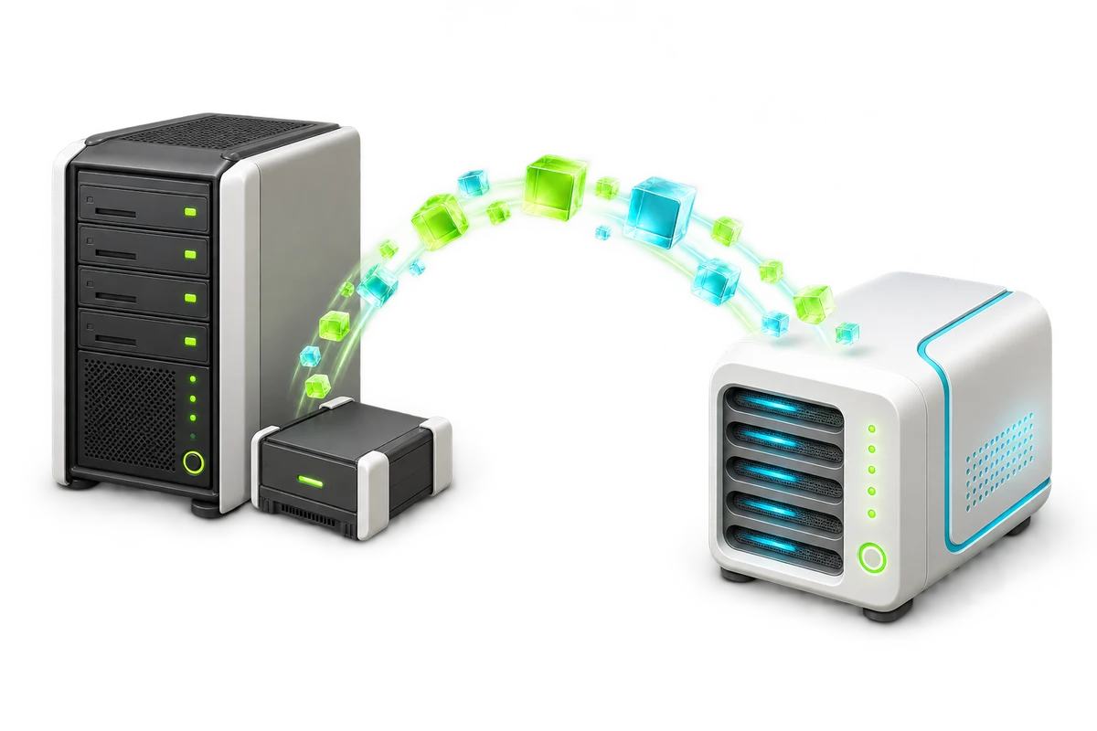 SDH illustration of server and website migration.
