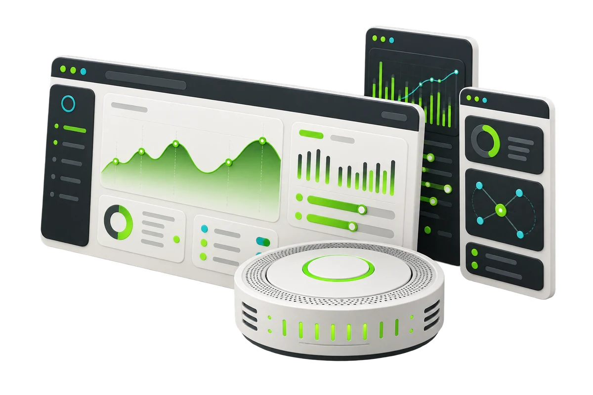 Illustration of hosting dashboards and server equipment.