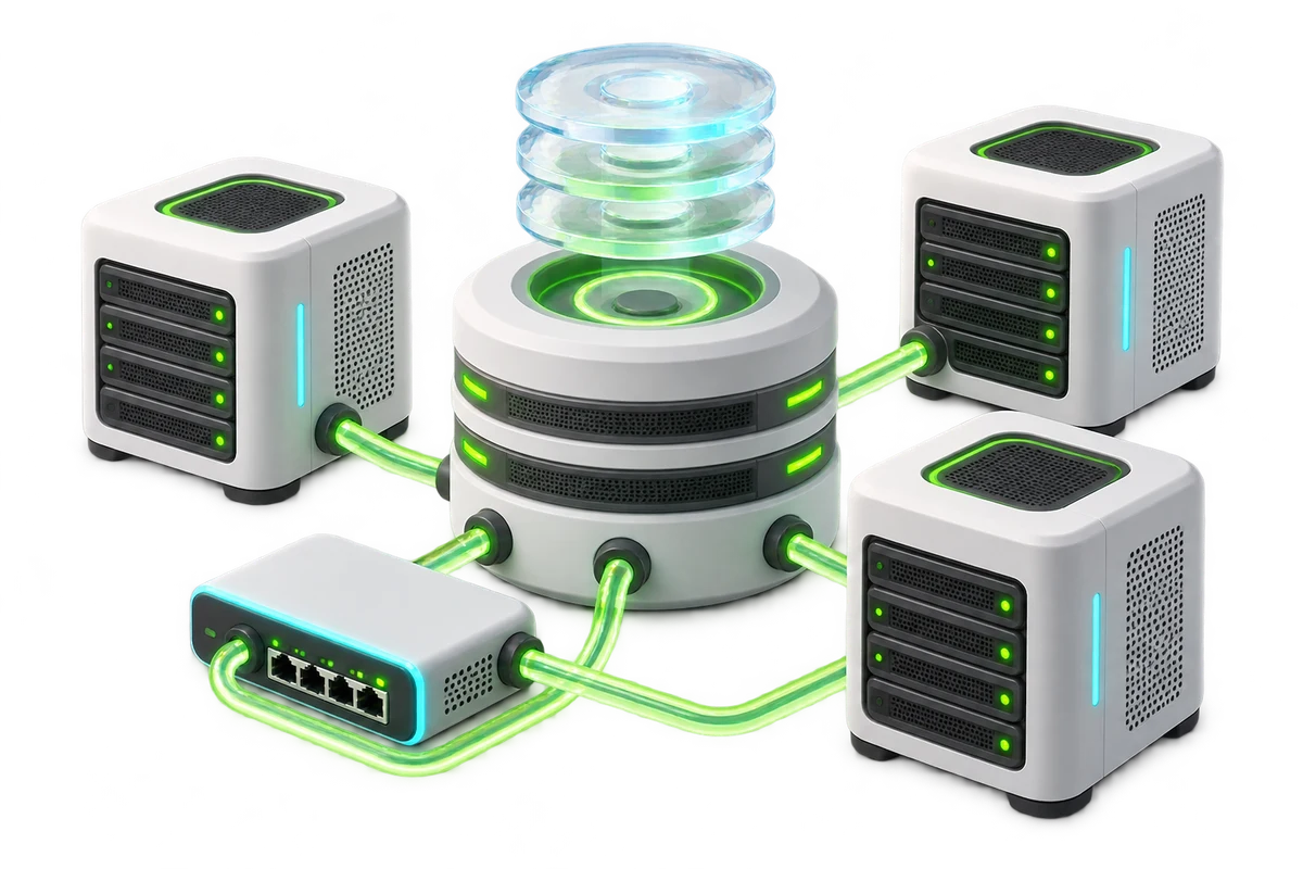 Illustration of virtual server infrastructure and connected resources.