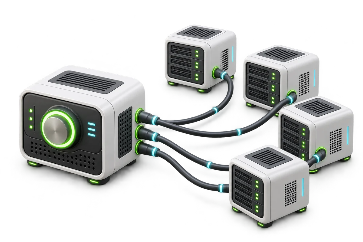 Illustration of virtual server infrastructure and connected resources.