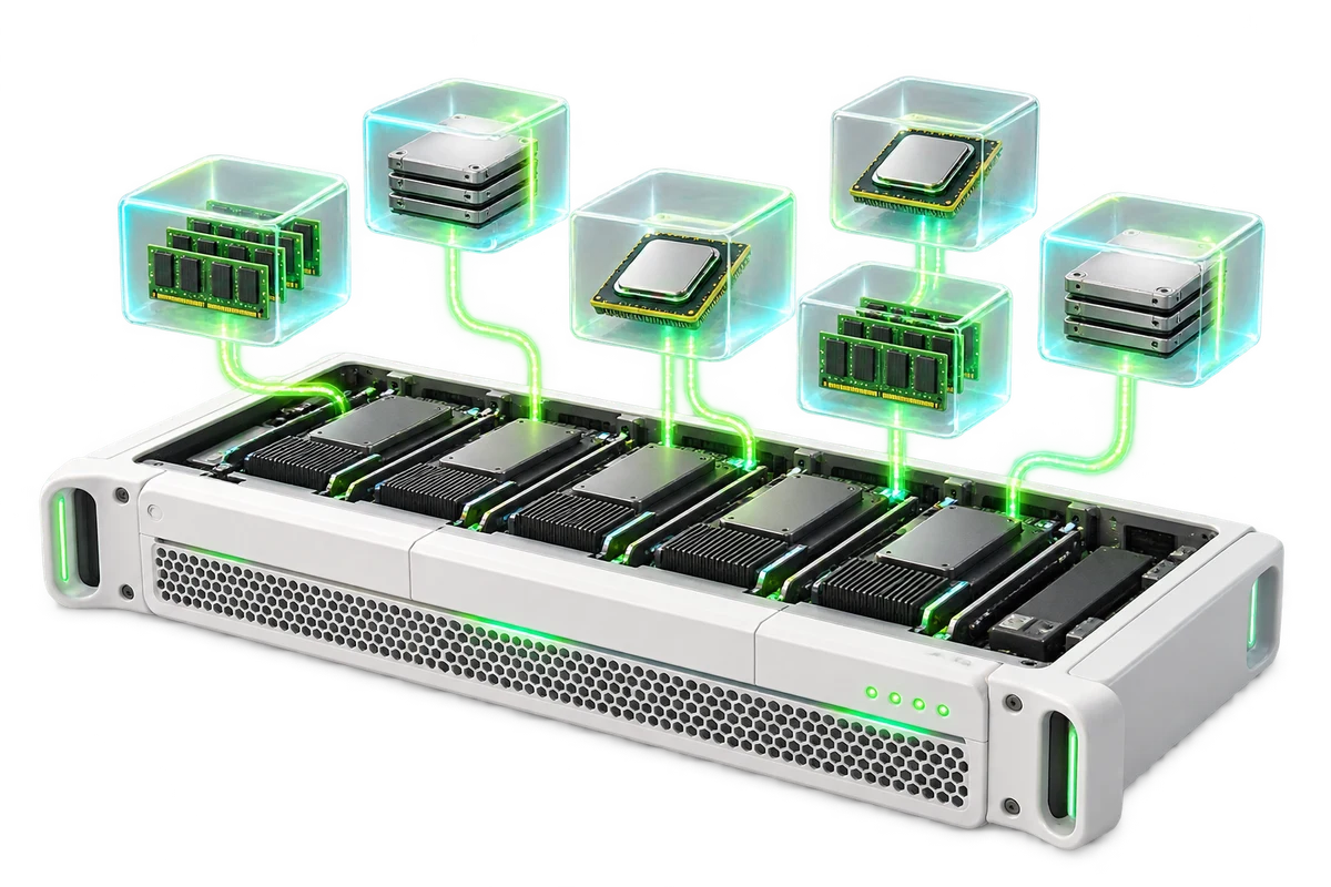 Illustration of virtual server infrastructure and connected resources.