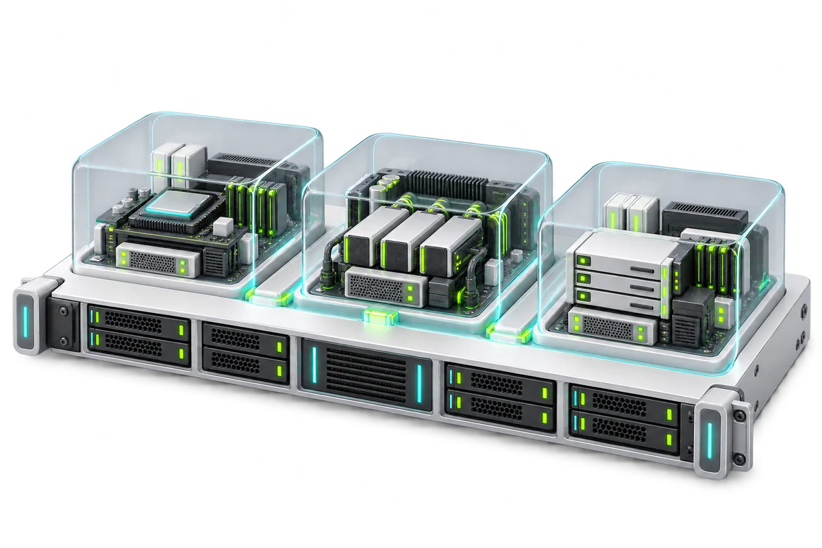 Illustration of virtual server infrastructure and connected resources.